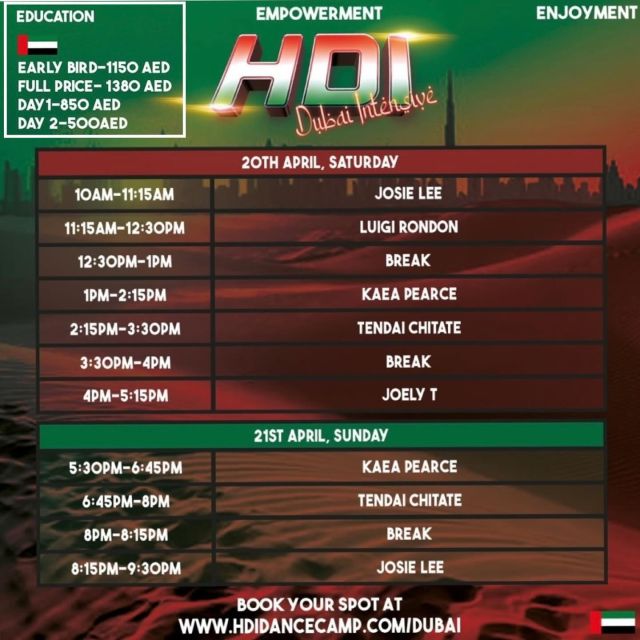 We are so excited to be hosting @hdidancecamp 20th-21st April with soooooo many amazing choreographers 🤩

They are now offering a 1 or 2 day package, so don’t miss it!

1 day ~ 850AED
2 day ~ 500AED

MIND BLOWING choreographer LINE UP - 

@kaeapearce 
@josieleechoreography 
@tendaii._ 
@joely_t 
@itsluigiirondon 

For enquiries email - bookings@hdidancecamp.com 

YOU DO NOT WANT TO MISS THIS!

Shout out below, who’s coming?? ☝🏼